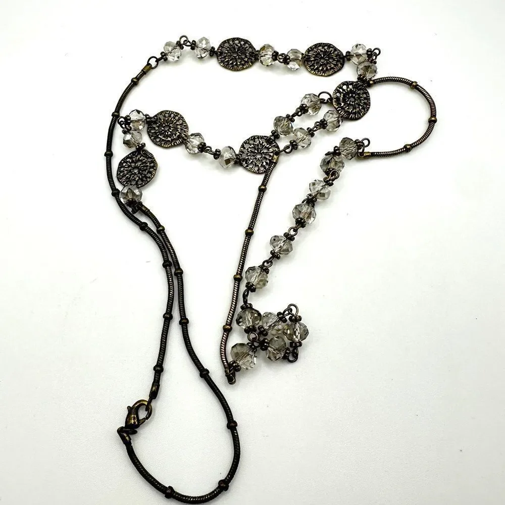 36” brass tone metal with glass crystal beads, necklace!